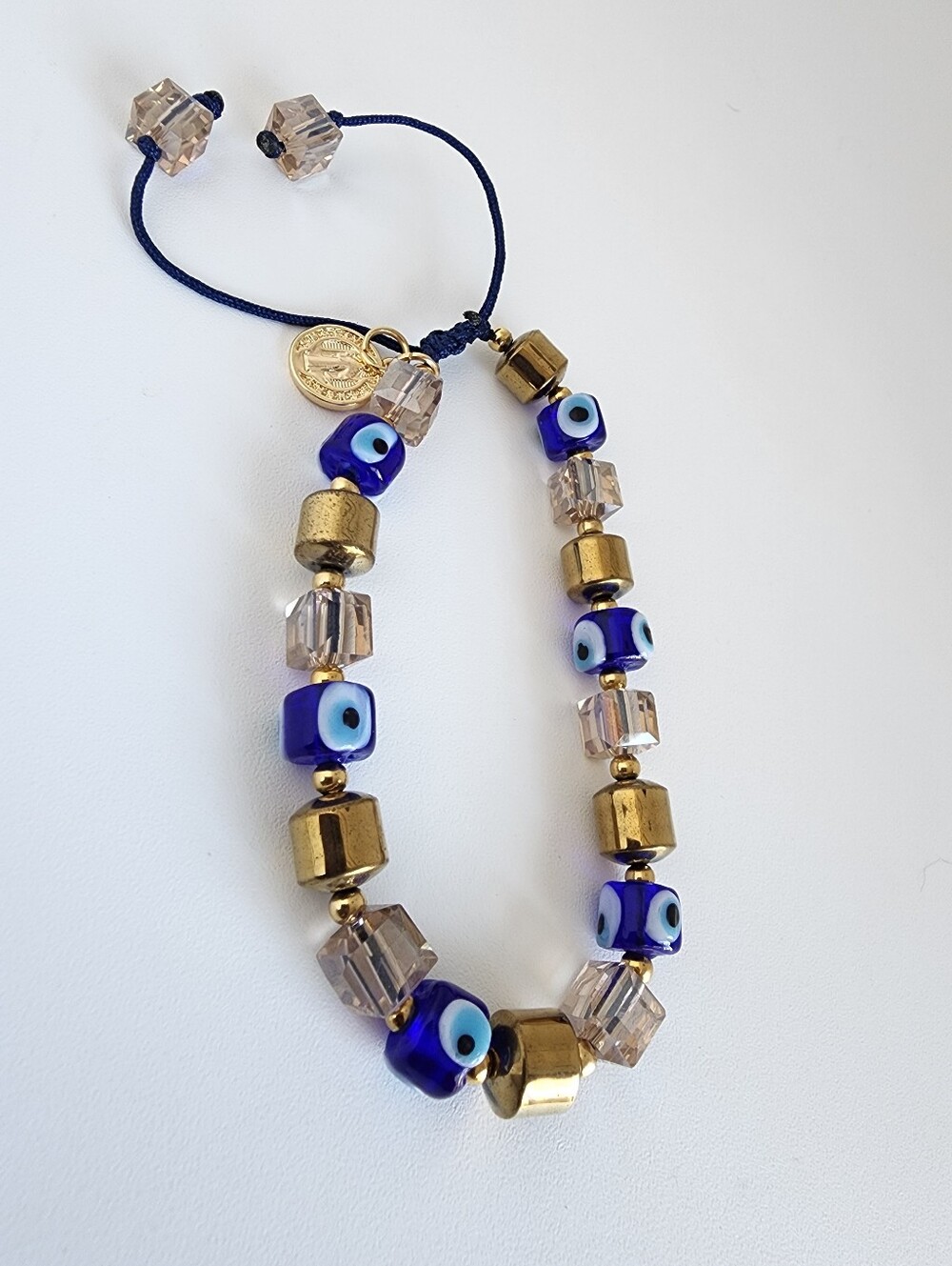 Blue Evil Eye Murano Glass & Hematite Adjustable Bracelet Gold Tone - Picture 2 of 4